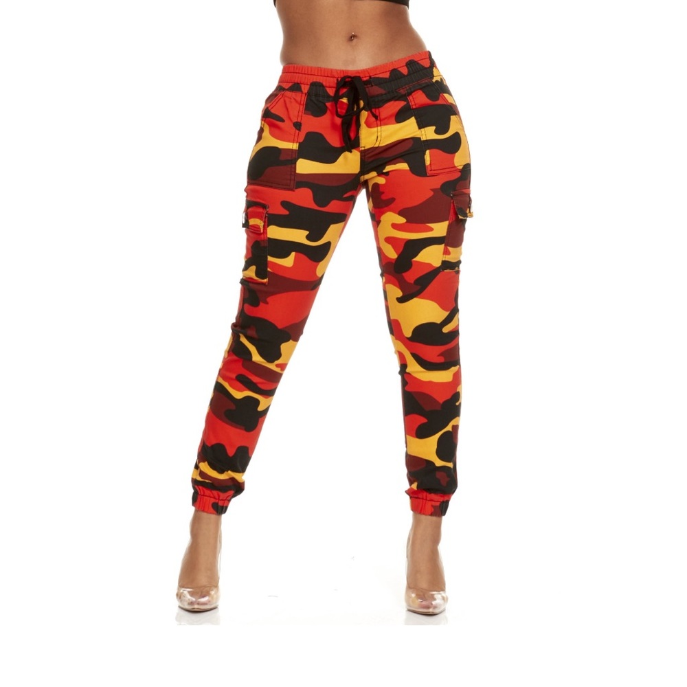 JEANS CG Collection Cargo High Waisted Jogger Skinny Drawstring Fire Camo